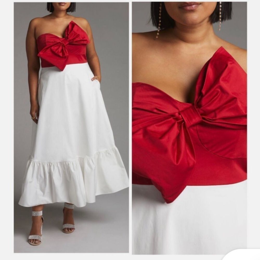 Anthropologie Hutch Bow-Tie Maxi Dress Red Top & White Skirt 24 W